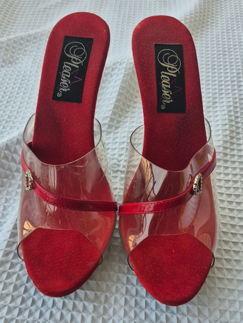 Pleaser Red Clear Strap Slide Mules
